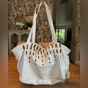 Jimmy Choo XL Leather Studded/ Grommet Carryall Shouder Handbag in White